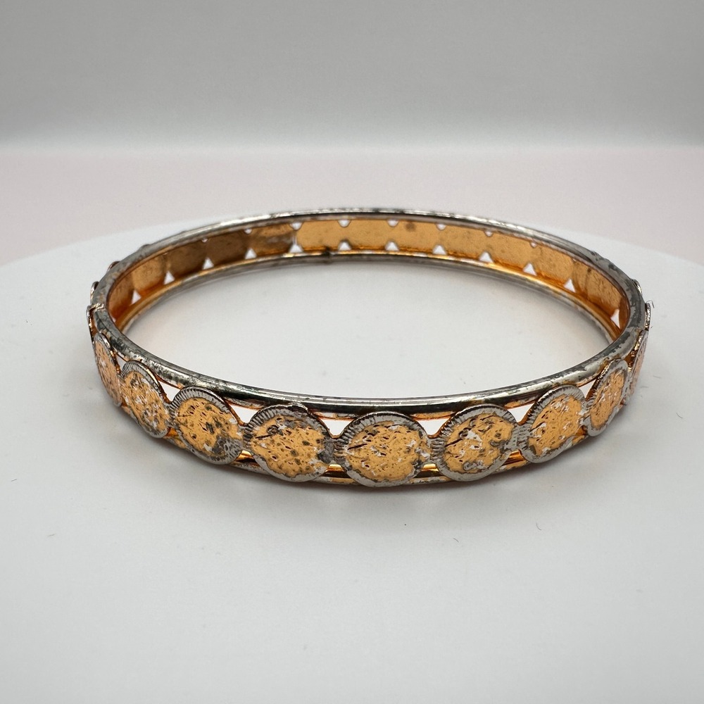 Vintage 90s Y2K Textured Coin Bangle Bracelet Two Tone Gold Silver Boho Jewelry